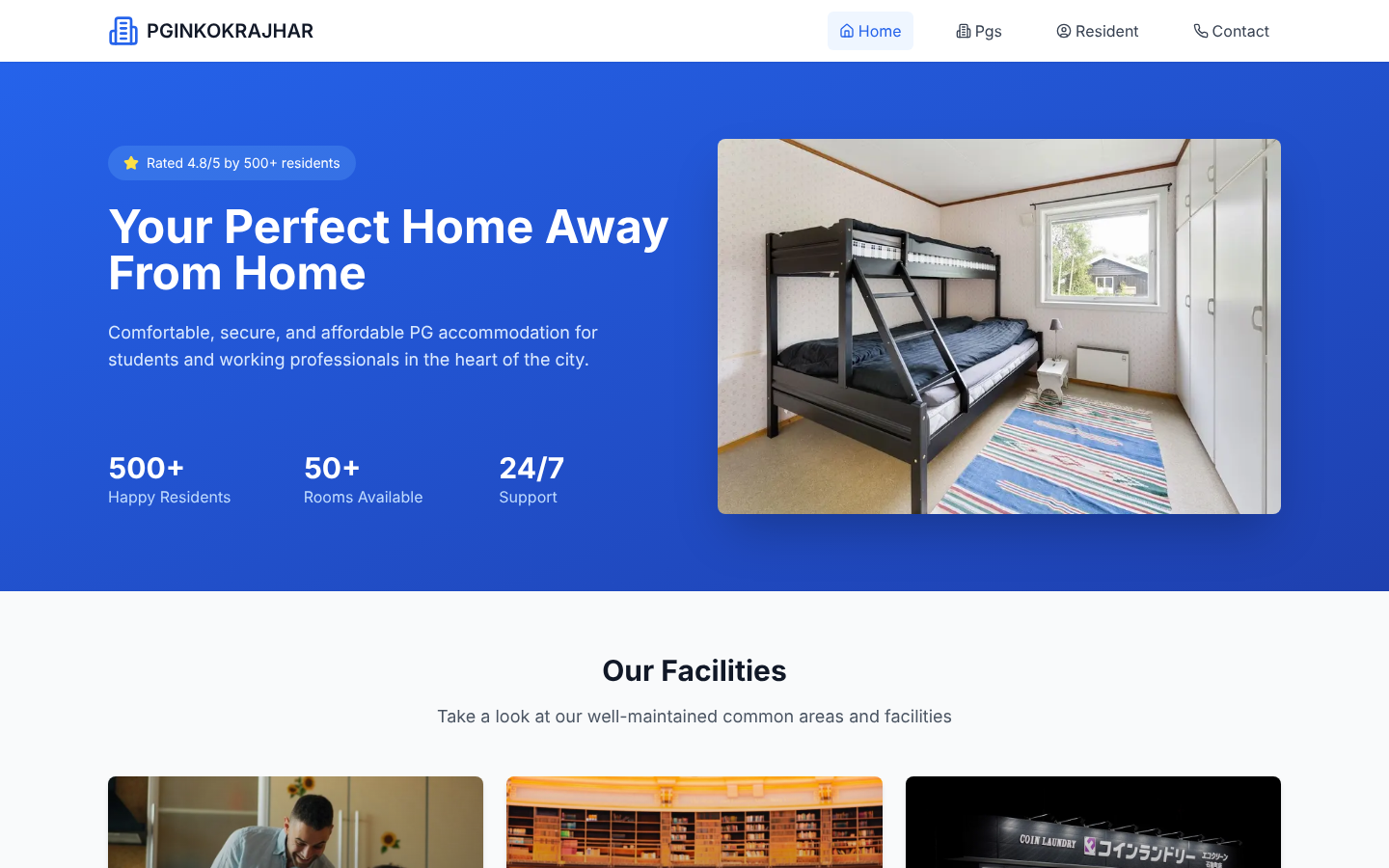The PG in Kokrajhar home page, with a booking headline, resident and room counts, and a photo of a furnished room.